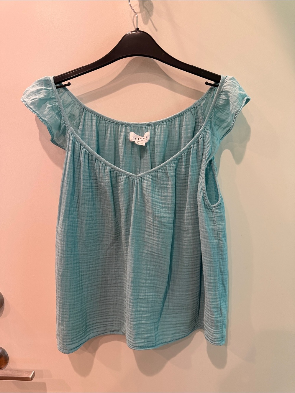 Light Teal Gauze Off-Shoulder Top